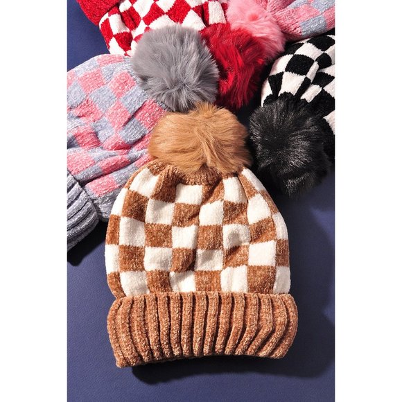 NEW Checkerboard Checked Super Soft Velour Cozy Fleece Lined Pom Pom Beanies Hat - Picture 11 of 11